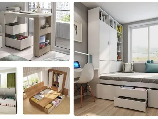 Idées d'aménagement petite chambre : lits avec rangements intégrés, bureaux gain de place et armoires modulables pour optimiser l'espace.
