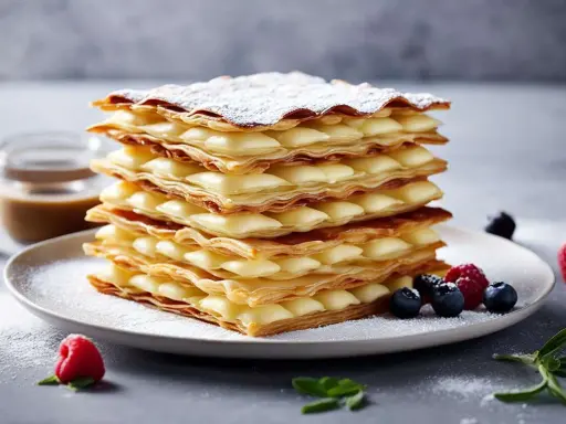 Un déliceux mille-feuille de pommes, garni de crème pâtissière et saupoudré de sucre glace, avec des baies fraîches.