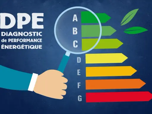 Main d'un locataire en place examinant le DPE, le diagnostic de performance énergétique, avec une échelle de A à G.