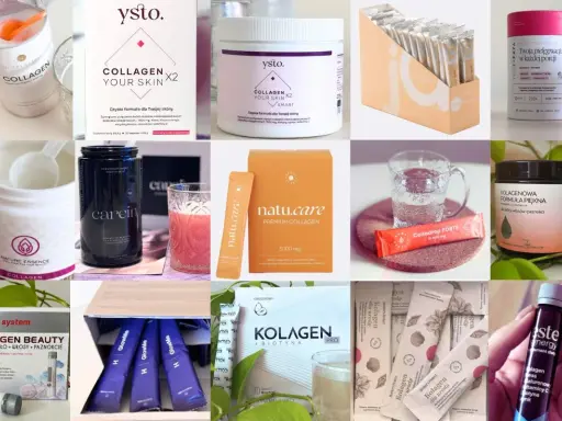 Kolaż zdjęć różnych produktów z kolagenem w proszku, saszetkach i płynach.