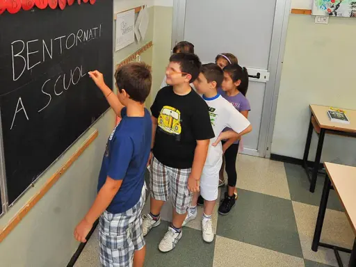 Schulkinder stehen vor einer Tafel mit der Aufschrift "Bentornati a scuola". Sie warten gespannt, wie viele Schultage ein Jahr hat.