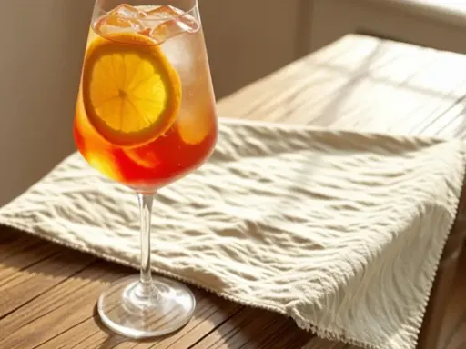 Ein erfrischender Aperol Spritz mit Sekt oder Prosecco, garniert mit einer Orangenscheibe, steht auf einem Holztisch.