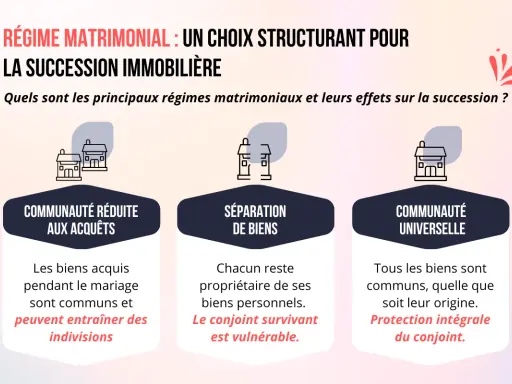 Schéma comparant trois régimes matrimoniaux (communauté réduite aux acquêts, séparation de biens, communauté universelle) et leurs impacts sur la transmission du patrimoine immobilier.