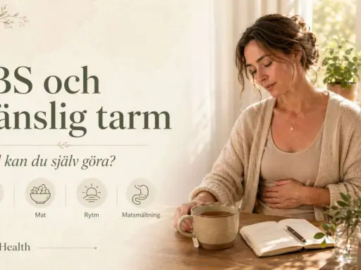 Kvinna med handen på magen, text om IBS och känslig tarm. Fokus på lugn, mat, rytm och matsmältning.