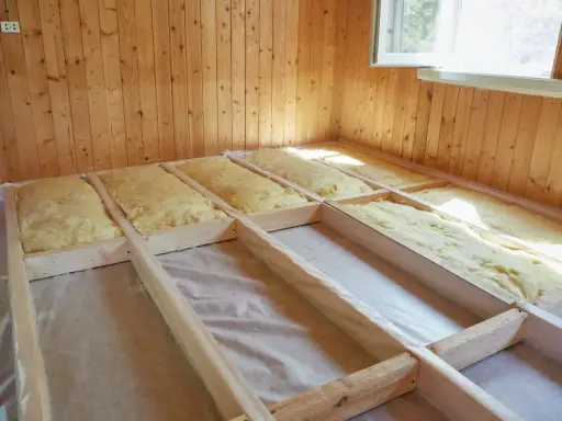Travaux d'isolation du sol d'une maison ancienne : pose d'isolant minéral dans une structure en bois.