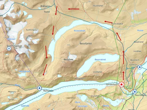 Karta över Jotunheimen vandringsleder visar stigar, sjöar som Bessvatnet och berg som Bessfjellet. Röda pilar markerar vandringsleder.