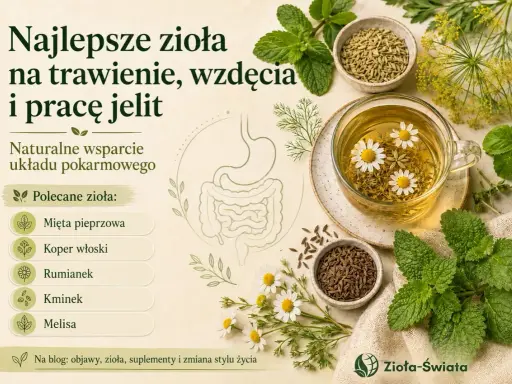 Kubek herbaty z rumiankiem, miseczki z koprem włoskim i kminkiem, liście mięty i melisy.