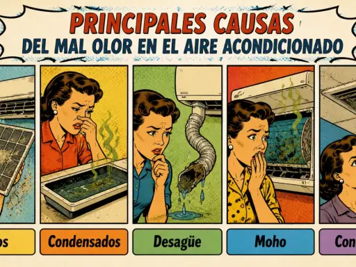 Mujer con cara de asco por el **olor a podrido en casa** debido a filtros sucios, condensados, desagüe, moho y conductos del aire acondicionado.