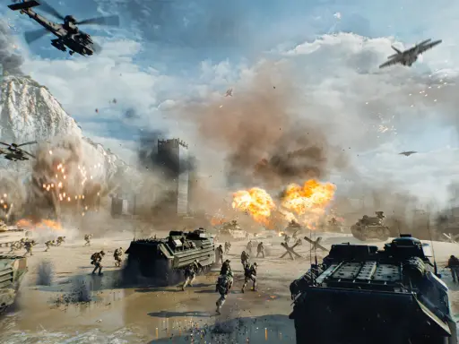 Intensywna bitwa na plaży, czołgi i żołnierze w akcji, helikoptery i myśliwce na niebie. To scena z Battlefield 6.