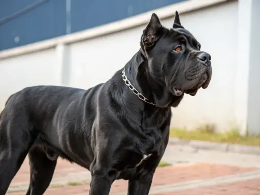 Un Cane Corso noir, musclé, porte une chaîne argentée. Son alimentation est essentielle pour sa puissance.