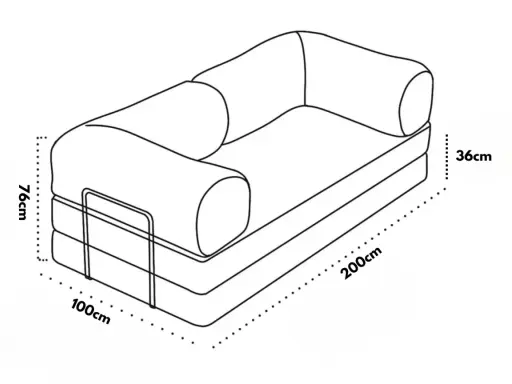 Divano letto con dimensioni indicate: altezza 76cm, larghezza 200cm, profondità seduta 100cm e altezza seduta 36cm.