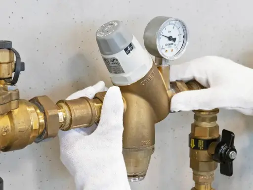 Mani guantate installano un riduttore di pressione acqua, mostrando come funziona con manometro.