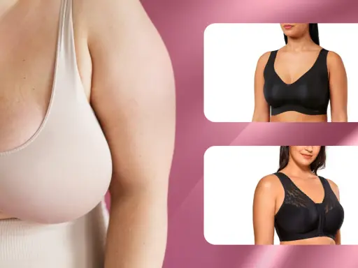 Primo piano di una donna con grande tette in un reggiseno color carne. A destra, due reggiseni neri indossati da modelle.