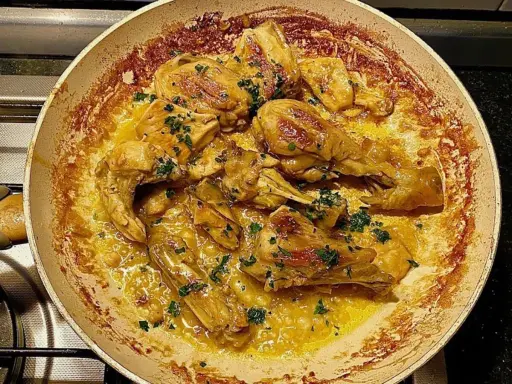 Succulento pollo alla marengo in padella, con erbe aromatiche fresche e una ricca salsa dorata.