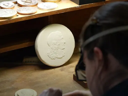 Un graveur métier travaille sur un moule en plâtre orné d'un profil antique. D'autres médailles sont visibles sur l'établi.