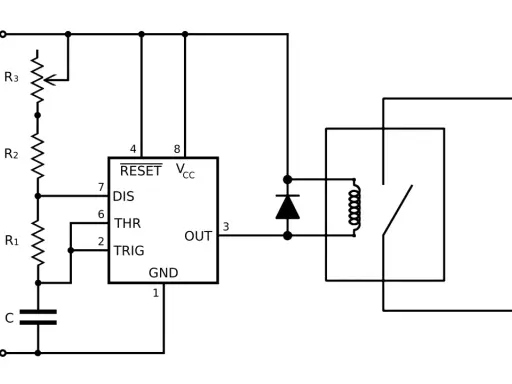Schéma d'un variateur de puissance pour résistance chauffante utilisant un circuit intégré, un condensateur, des résistances et un relais.