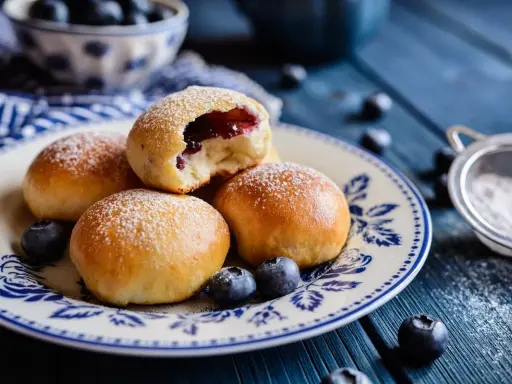 Pyszne jagodzianki posypane cukrem pudrem, jedna nadgryziona, ukazująca jagodowe nadzienie. Idealne na deser, choć warto sprawdzić jagodzianka kcal.