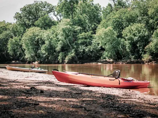 Dwa kajaki na brzegu rzeki na Podlasiu, otoczone bujną zielenią drzew.