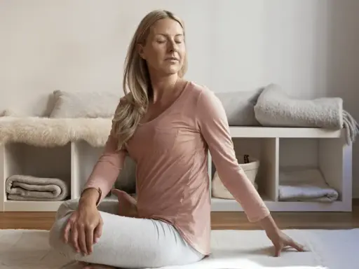 Kvinna i rosa tröja och grå byxor gör en vridning i sittande ställning, en form av gående meditation.