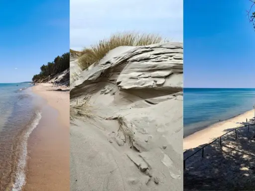 Trzy ujęcia dzikich plaż nad Bałtykiem: piaszczyste wydmy, spokojne morze i lasy porastające klify.