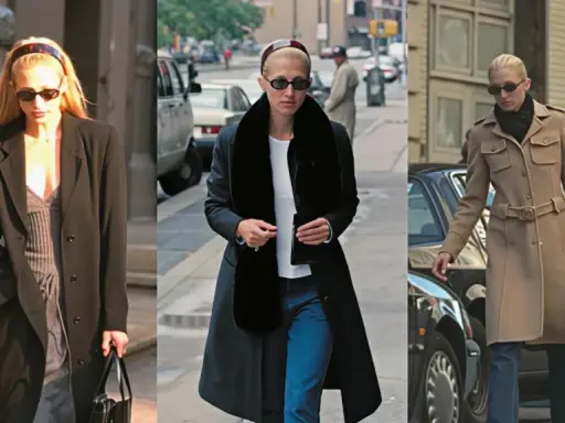 Carolyn Bessette-Kennedy pasea por la ciudad con estilo, luciendo abrigos elegantes y gafas de sol.