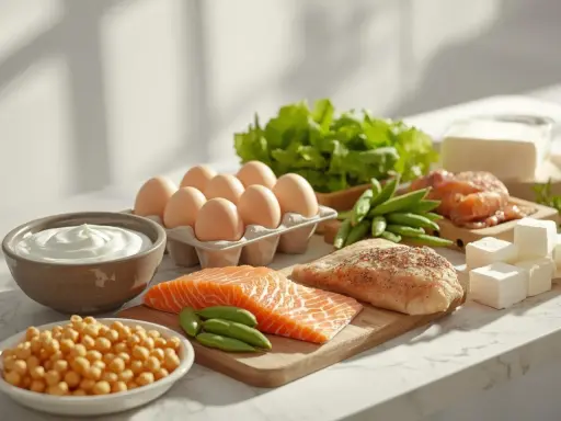 Składniki na dietę wysokobiałkową: łosoś, kurczak, jajka, jogurt, ciecierzyca, fasolka szparagowa, ser feta i sałata.