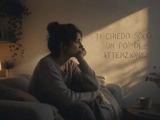 Donna pensierosa sul divano, illuminata da un raggio di sole. Le parole "Ti chiedo solo un po' di attenzione" sembrano un grido silenzioso contro il narcisista che non ascolta.