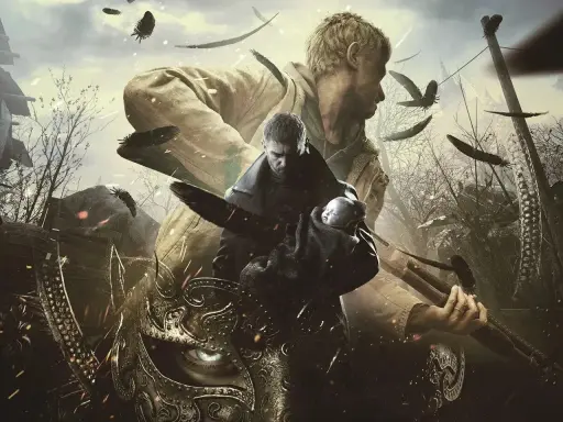 Chris Redfield z dzieckiem, w tle tajemnicza maska i ptaki. Sprawdź Resident Evil Village wymagania, by zagrać!