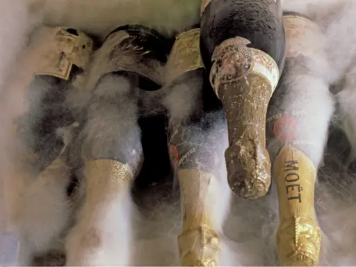 Flaschen mit vintage champagne, bedeckt mit Staub und Spinnweben, scheinen in Vergessenheit geraten zu sein.