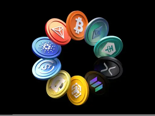 Krąg monet z logo Bitcoin, Ethereum, Cardano i innymi symbolami kryptowalut. Wartość tych aktywów może budzić FUD, ale ich popularność rośnie.