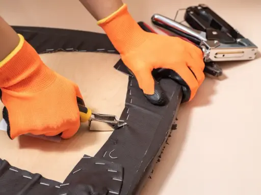 Manos con guantes naranjas usando una grapadora para tapizar una silla.