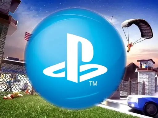 Wielka niebieska kula z logo PlayStation na tle więzienia, policyjnego radiowozu i skoczka spadochronowego. Czy to zapowiedź Roblox na PS5?