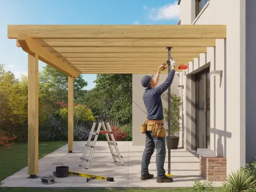 Pose d'une fixation de tonnelle sur terrasse. Un ouvrier ajuste la structure en bois avec des outils.