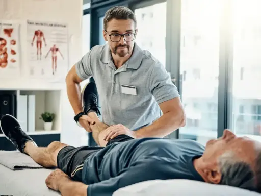 Fizjoterapeuta ćwiczy nogę starszego pacjenta. Rehabilitacja jest kluczowa, by dowiedzieć się, komu przysługuje szpital uzdrowiskowy.