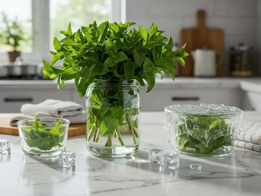 Comment conserver la menthe fraiche : bouquets dans l'eau, feuilles en bocal couvert. Astuces pour garder votre menthe verte et parfumée.