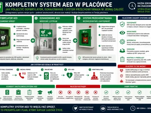 Kompletny system AED w placówce: defibrylator, oznakowanie i przechowywanie. Jak działa AED i dlaczego jest ważne?