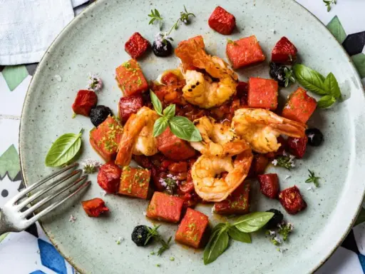 Saftige argentinische Rotgarnelen mit Wassermelonenwürfeln, Tomaten und Basilikum auf einem Teller.