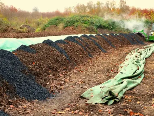 Reihen von Komposthaufen, die für Biomasse Energie vorbereitet werden. Ein Radlader bearbeitet das Material, während Dampf aufsteigt.