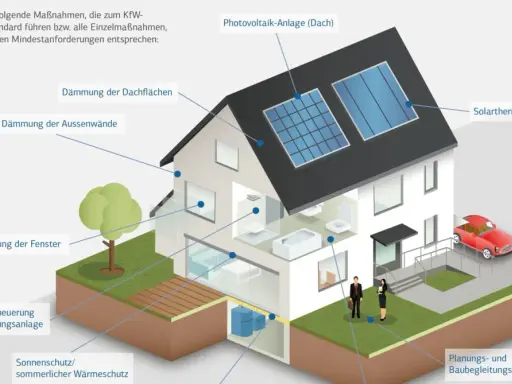 Haus mit Solaranlage, Dämmung, neuen Fenstern und Lüftung für energetische Modernisierung.