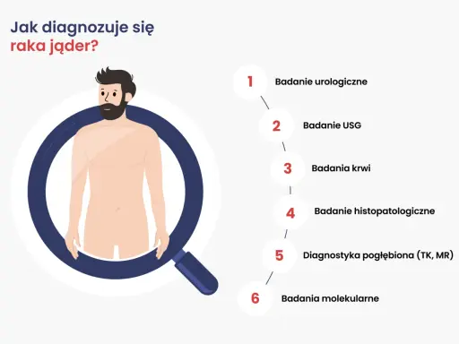 Ilustracja przedstawia schemat diagnozowania raka jąder. Wymienione badania to: urologiczne, USG, krwi, histopatologiczne, pogłębiona diagnostyka (TK, MR) i molekularne.