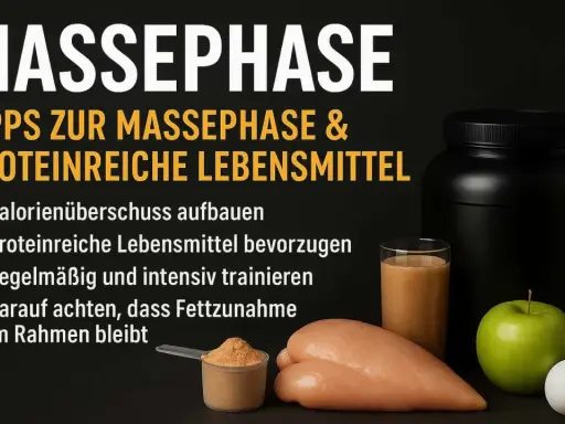 Tipps für die Massephase: proteinreiche Lebensmittel wie Hähnchen, Ei und Shake sind wichtig. Kalorienüberschuss und Training sind entscheidend.