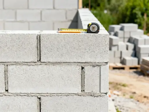 Miarka budowlana na murze z bloczków betonowych. W tle stosy materiału budowlanego. Ile bloczków betonowych na m2?