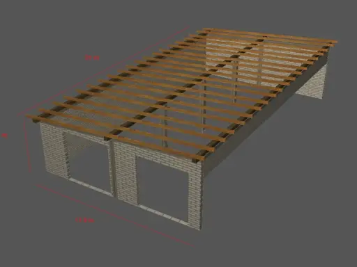 Konstrukcja dachu jednospadowego z widocznymi krokwiami co ok. 1 metr. Wymiary: 21m x 3.6m x 11.6m.