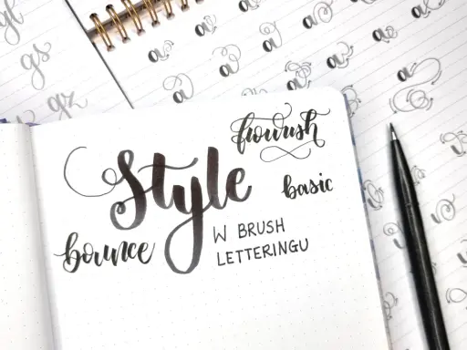 Różne rodzaje pisma w kaligrafii: "Style", "bounce", "flourish", "basic" i ćwiczenia liter.