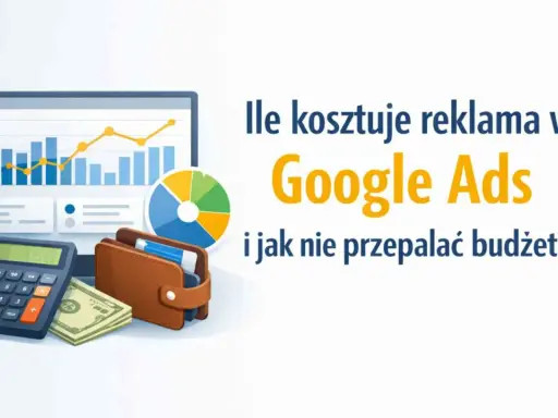 Kalkulator, monety, portfel i wykresy symbolizują koszty reklamy w Google Ads. Dowiedz się, jak nie przepalić budżetu.