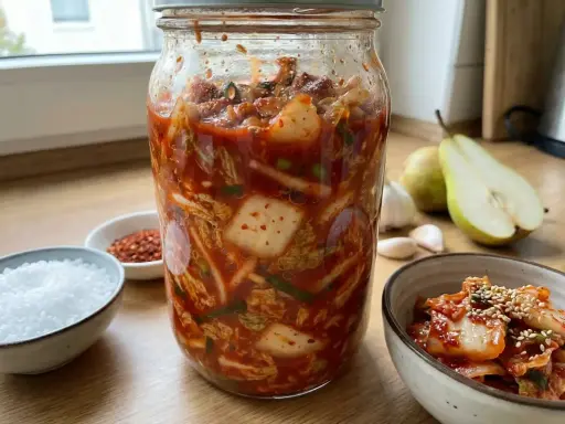 Stor burk med hemgjord kimchi, redo för fermentering. Ingredienser som chili, vitlök och päron syns i bakgrunden. Ett perfekt kimchi recept!