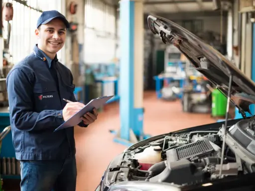Uśmiechnięty mechanik notuje przebieg auta przed pierwszą wymianą oleju w silniku 1.5 TSI.