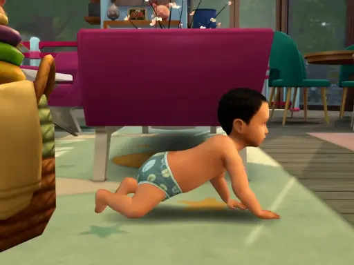 Mały Sim w pieluszce z liśćmi raczkuje po dywanie. To urocze mody dla niemowląt The Sims 4.