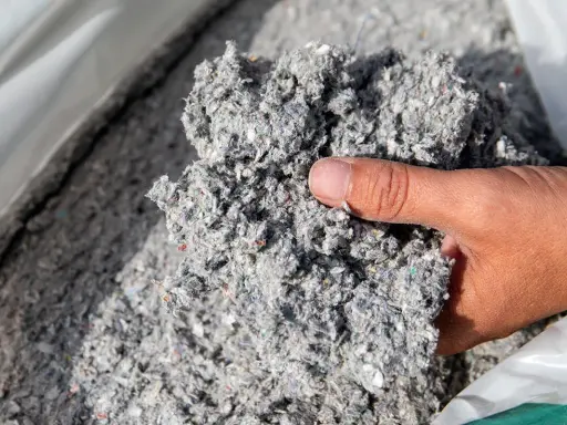 Gros plan sur une main tenant un tas de fibre de cellulose isolant, un matériau gris et vaporeux.