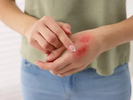 Mano con bruciatura da piastra, arrossata e con crema applicata.